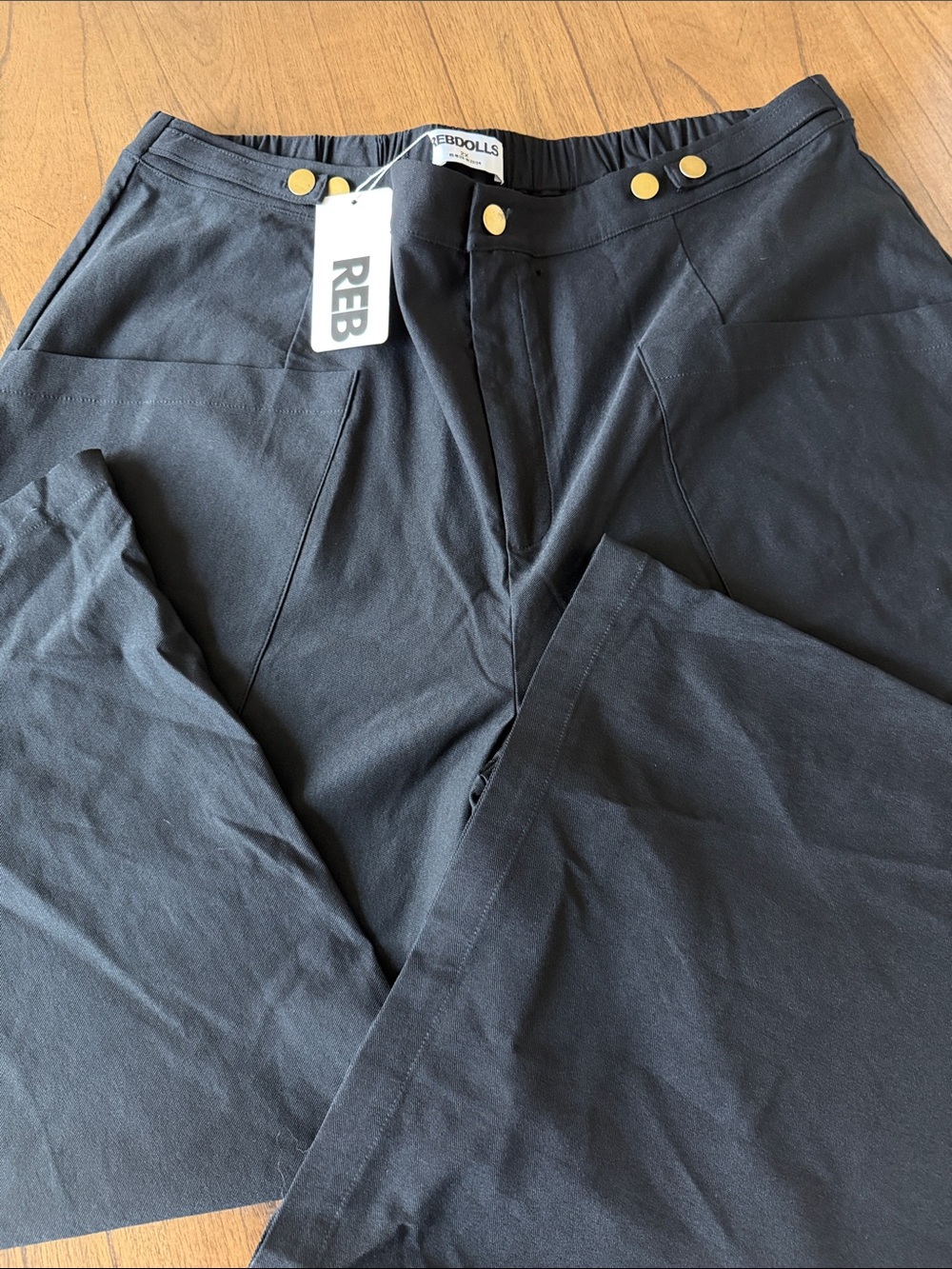 Rebdolls Black Wide Leg Trousers with Gold Buttons Detail Sz 2x